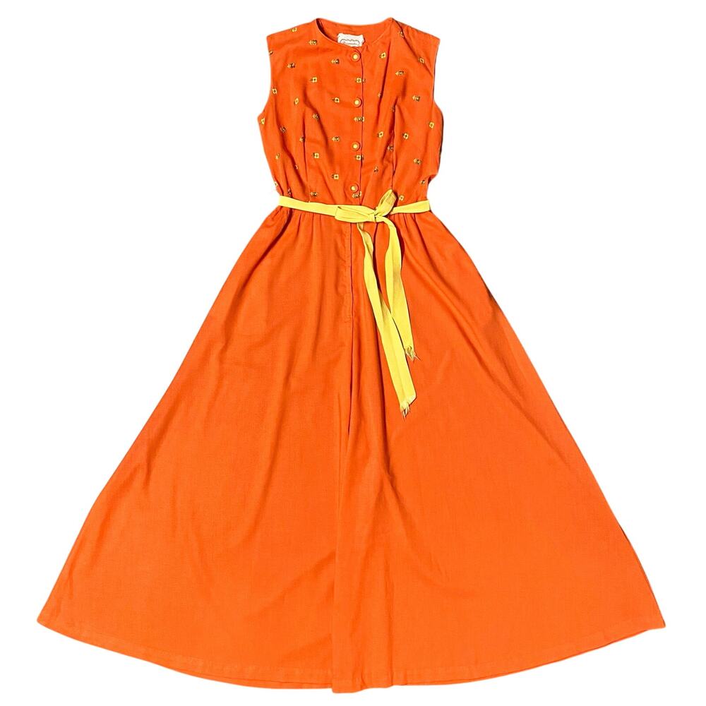Vintage 1970s Raymodes NY Orange Embroidered Flower Wide Leg Sleeveless Jumpsuit